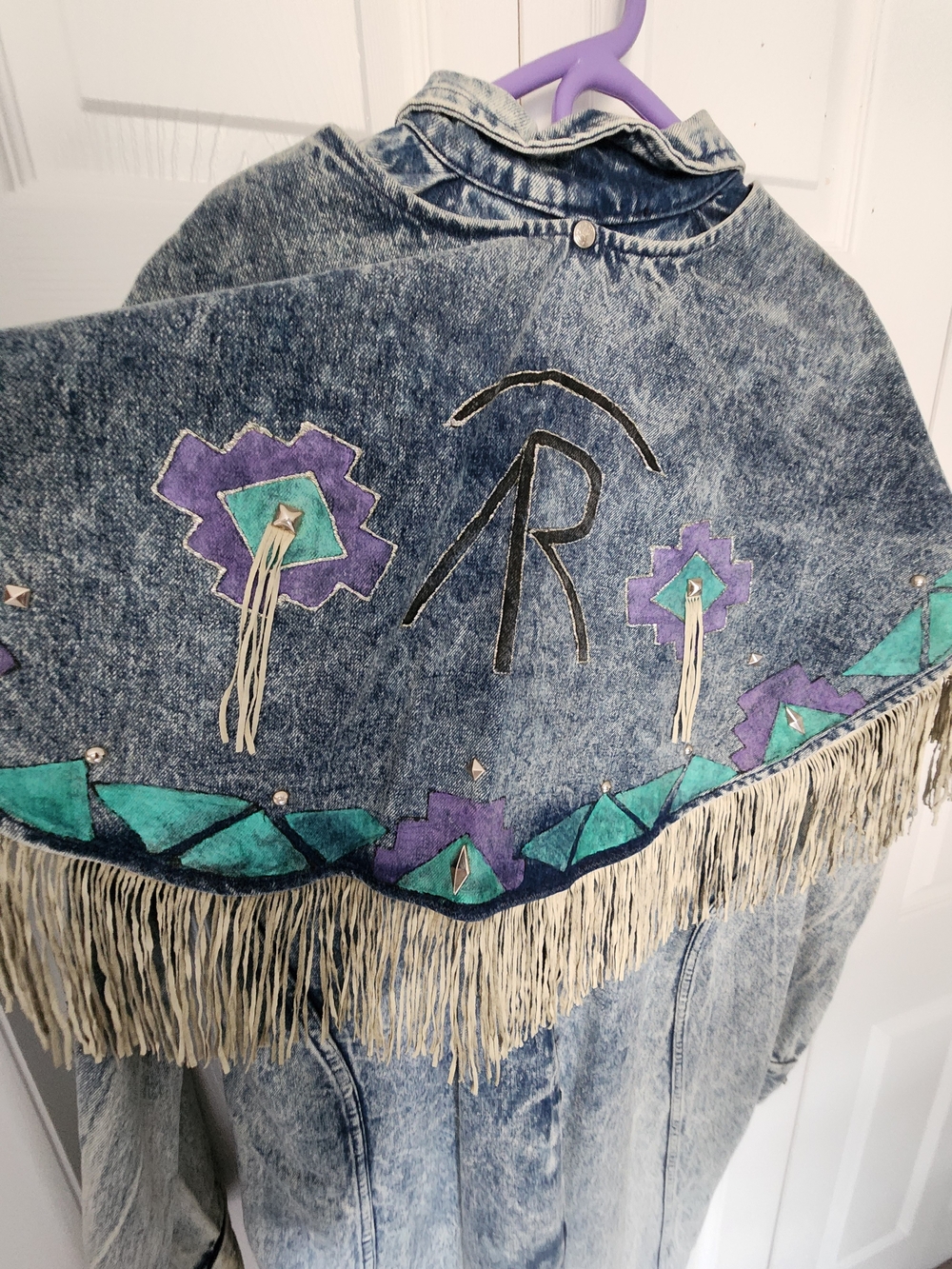 Vintage TRAIL DUSTER Denim Leather Fringe with Teal  Purple Accents 25" PTP - Picture 12 of 16